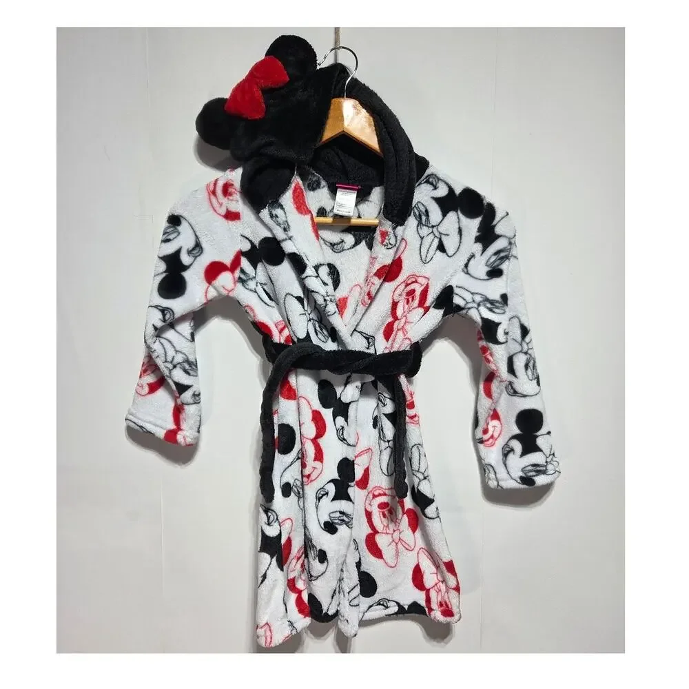Disney Jr Minnie Mouse Girls Character Print Hooded Minky Fleece Bathrobe 4T/5T